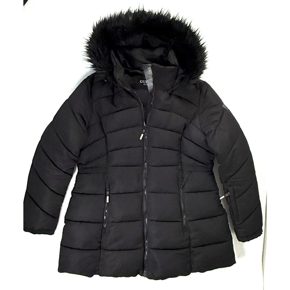 GUESS Down Quilted Puffer Parka Sz XL Faux Fur Trim Hood Mid-length Black